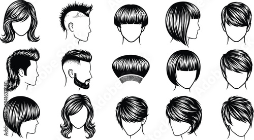 Collection of hairstyle silhouette vectors featuring women and men haircuts modern styles barbershop designs fashion hair icons editable illustration set
