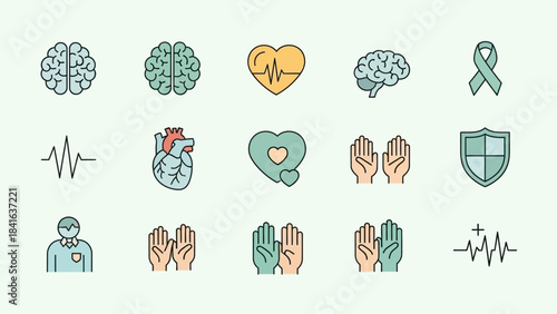 Collection of medical and healthcare themed icons representing physical and mental wellbeing support