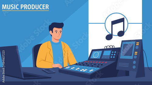 Illustration displaying a music producer working at a studio setup with equipment and software