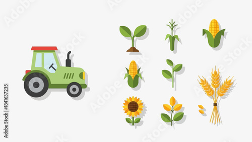 Agricultural illustration showcasing farming equipment and diverse cultivated crops in a flat design