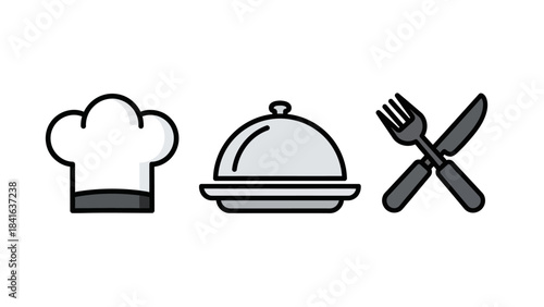 Minimalist culinary illustration featuring a chef's hat, covered dish, and silverware ready for a