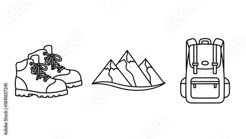 Minimalist illustration of outdoor adventure essentials: boots, mountains, and backpack
