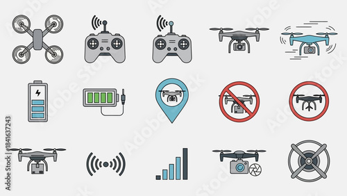 Drone Icons Vector Set: Aerial Technology Symbols and Accessories for Modern UAV