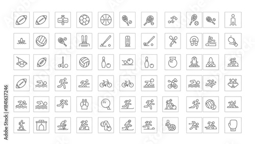 Diverse sporting activities represented in a collection of minimalist vector icons graphic set