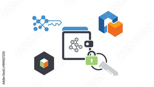 Blockchain technology illustration representing security encryption and digital assets management