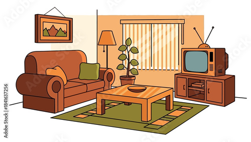 Illustrative living room scene with sofa television and interior decorations in warm colors