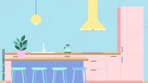 Modern pastel kitchen interior illustration with island, stools, cabinet and ventilation hood