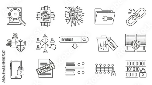 Digital forensics investigation icons set representing cybersecurity incident response and data