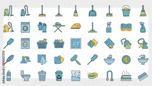 Housekeeping essentials vector icons set for home maintenance and cleanliness tasks