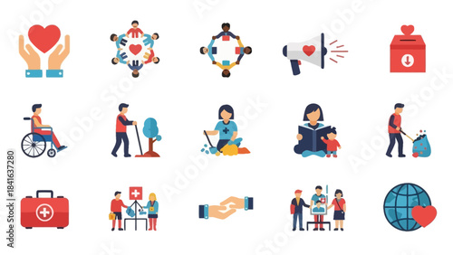 Collection of flat vector illustrations representing social responsibility and community help