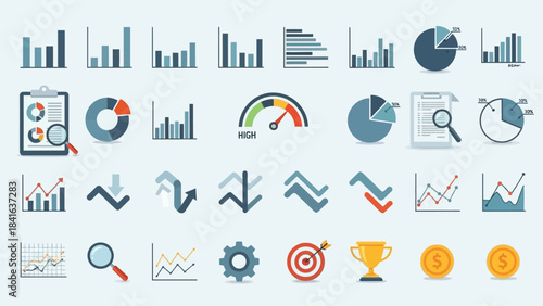 Infographic of statistical data visualization with graphs, charts, and performance metrics