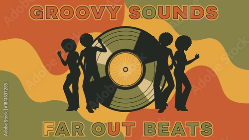 Retro vibes illustration with dancing silhouettes and vinyl record, evoking 70s disco era