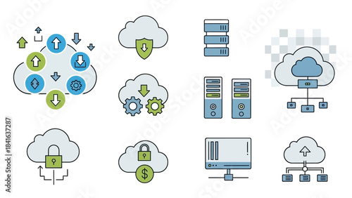 Collection of cloud computing and server architecture icons conveying technology solutions