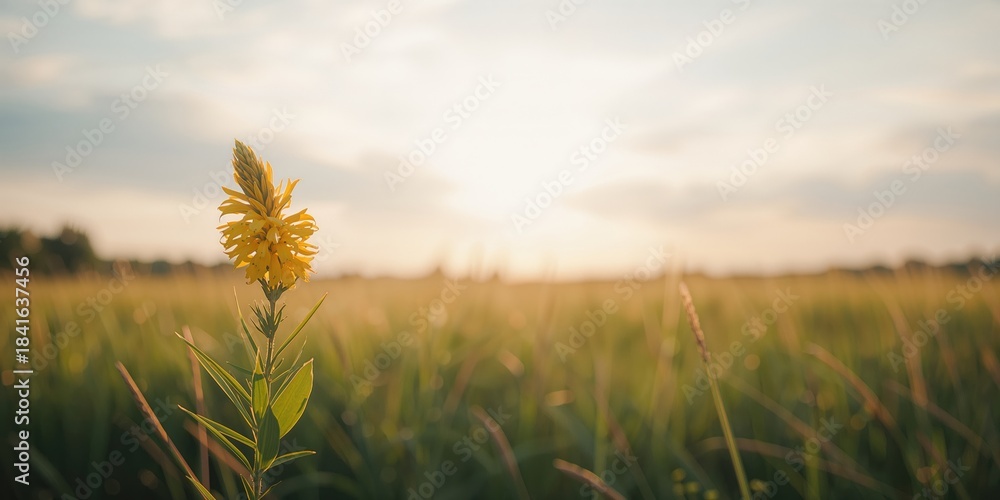 Naklejka premium Sunlit wild meadow flora during summer evening, highlighting natural scenery and plant resilience