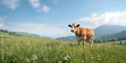 Fototapeta Naklejka Na Ścianę i Meble -  Cow grazing on lush green pasture in the Pieniny Mountains during spring, rural landscape and seasonal growth