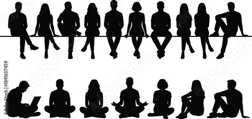 Silhouettes of diverse people sitting in various poses, representing relaxation, meditation, teamwork, technology use, community lifestyle, modern habits, and human interaction