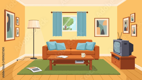 Cozy cartoon living room featuring a vintage television, offering a retro yet comfortable vibe,
