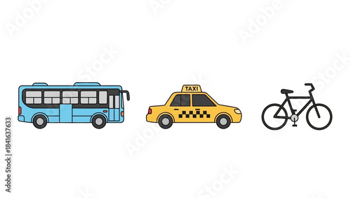Transportation medley: Bus, taxi, and bicycle icons against a pristine white canvas