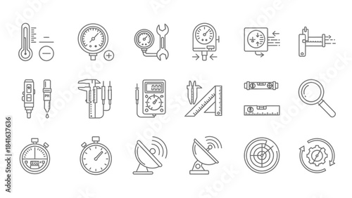 Diverse outline icons representing measurement precision engineering and technical instruments
