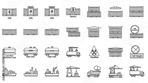 Diverse industrial shipping container vector icons showcase freight logistic types in detail