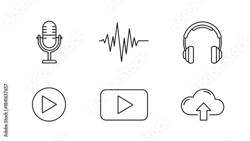 Minimalist Audio and Media Icon Set for Podcast Creation and Content Sharing