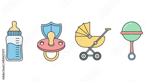 Infant care essentials displayed with bottle, pacifier, stroller and rattle illustration