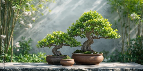 Green-leaved bonsai trees i...