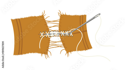 The process of sewing two pieces of brown fabric together with white thread and a needle on a pure