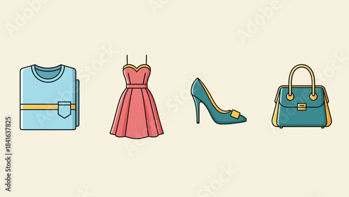 Stylized fashion icons, including apparel, footwear, and accessories for women collection