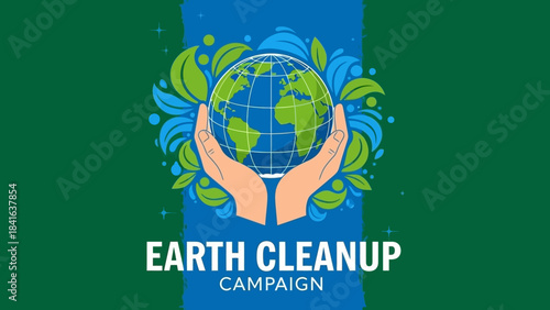 Hands holding earth globe encircled by leaves, illustration of ecological protection and cleanup