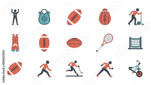 Diverse sports equipment and player activities icons illustrating various physical activities