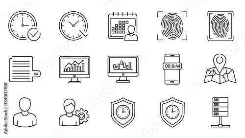 A collection of essential business management icons related to work efficiency and task monitoring