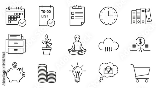 Line art icons representing business and productivity management essentials collection