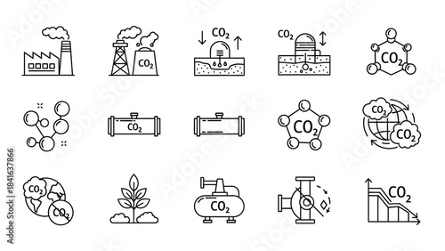 Conceptual outline illustrations of carbon capture and sequestration methods demonstrating