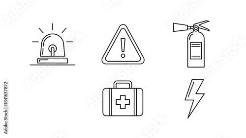 Outline icons illustrating safety and emergency preparedness equipment and symbols