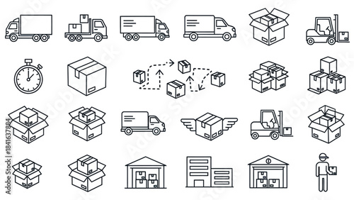 Delivery and logistics service icons, representing transportation, distribution and supply chain