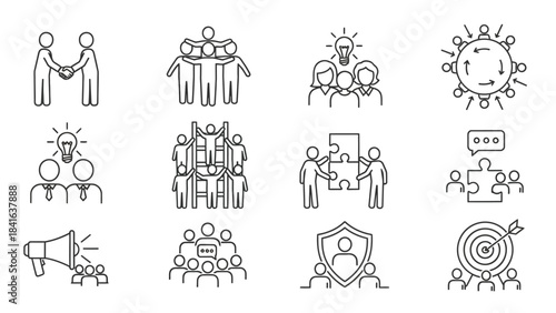 Conceptual illustration of business and teamwork featuring minimalistic line icons
