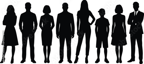 Silhouettes of diverse people standing in a row, representing community, teamwork, unity, modern society, group identity, generational diversity, and lifestyle concepts