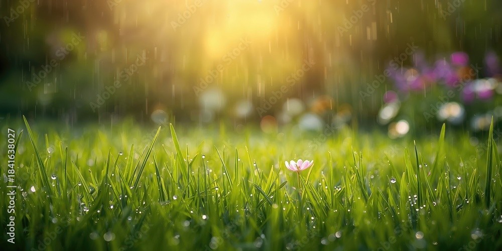 Naklejka premium Green grass illuminated by sunset or sunrise after rain, serving as a natural background for text or design elements