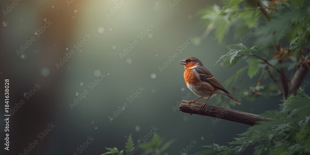 Fototapeta premium Chaffinch singing from a tree branch, highlighting avian vocalization and forest habitat