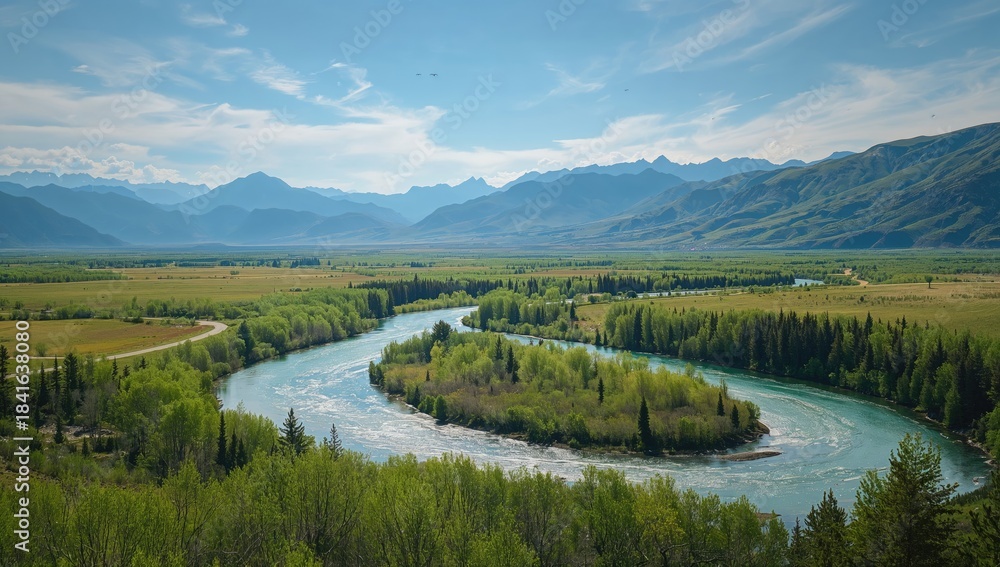Naklejka premium Montana river seen from above with surrounding landscape highlighting erosion risk