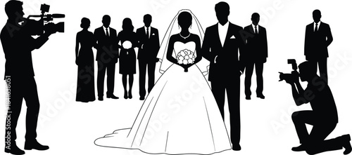 Wedding couple with photographers and guests silhouette scene featuring bride groom family group ceremony photography vector illustration formal celebration moment