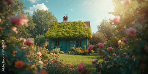 Fototapeta Naklejka Na Ścianę i Meble -  Overgrown summer garden featuring a teal wooden dacha and flowering plants, highlighting gardening and plant care