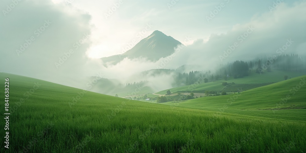 Naklejka premium Wide view of a rural field and mountain range with misty atmosphere, ideal for layout backgrounds, World Environment Day