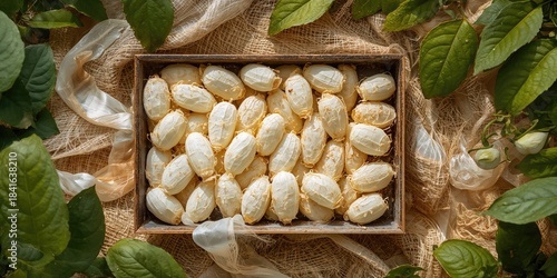 Silk worm cocoon on tray, h...