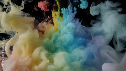 Vibrant Rainbow Ink Cloud Billowing in Dark Water.