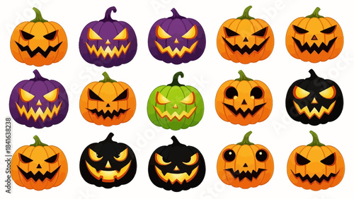 Collection of Spooky Halloween Pumpkins with Carved Faces.