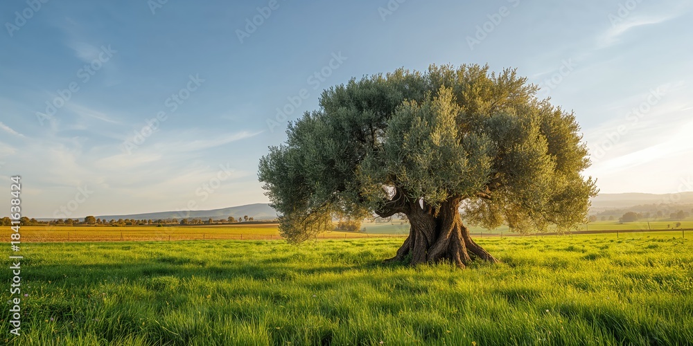 Naklejka premium Olive trees and lush grass in a rural landscape, suitable for use as a natural background or landscape layout image