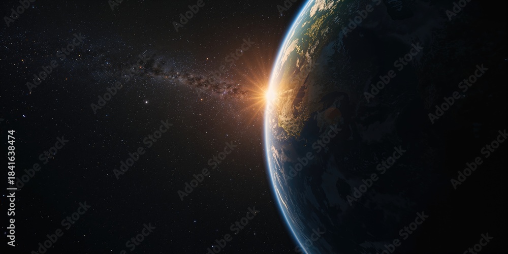 Obraz premium Earth seen from space with sunrise glow over the planet, space exploration theme