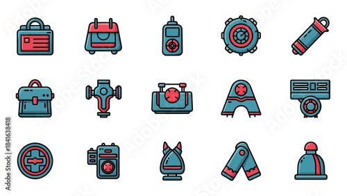 Collection of stylized icons representing various equipment and gear.
